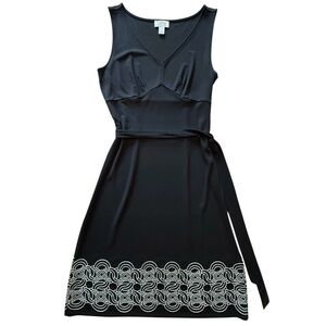 LOFT Ann Taylor Black Embroidered Midi Sleeveless Dress V-Neck Waist Tie Size 10